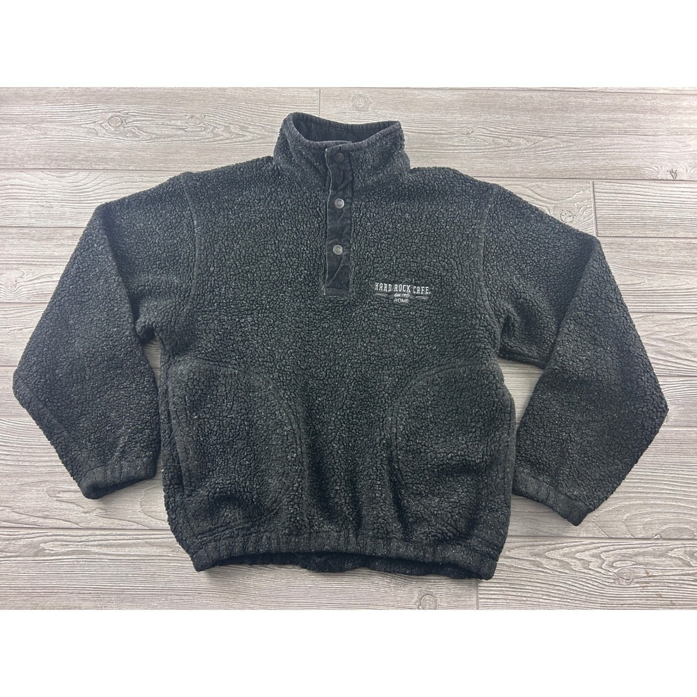 Hard Rock Cafe Rome Black Sherpa Fleece Snap Pullover Corduroy Trim Small